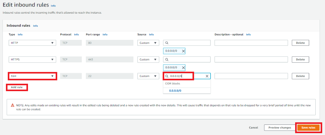 Add Rule Add your IP address range as a custom SSH rule